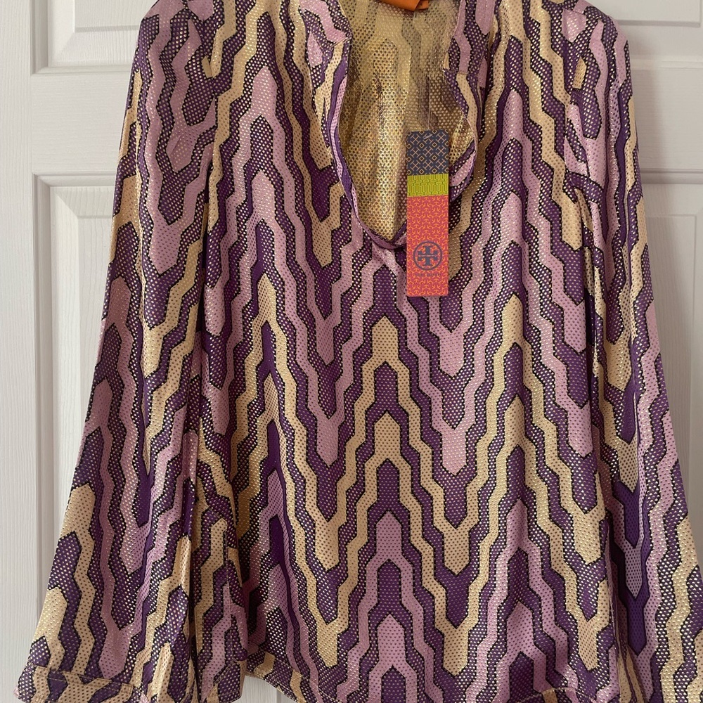 Tory Burch size 6 purple metallic woman’s long sleeve tunic top blouse new